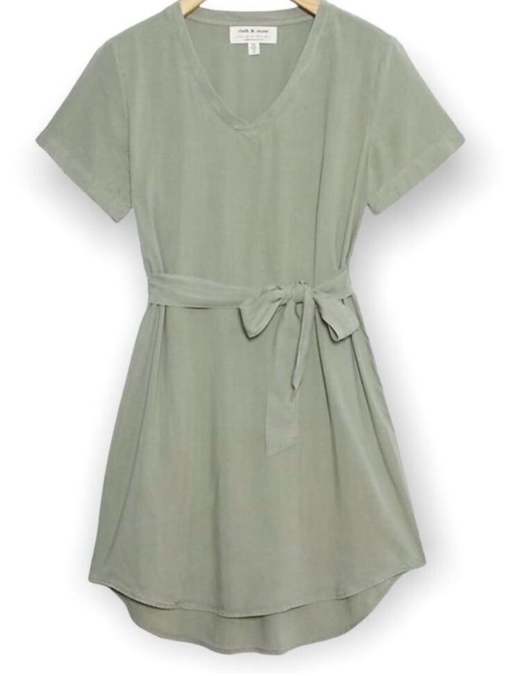 Anthropologie Cloth & Stone Sage Green Short Sleeve V-Neck Tie Waist Mini Dress